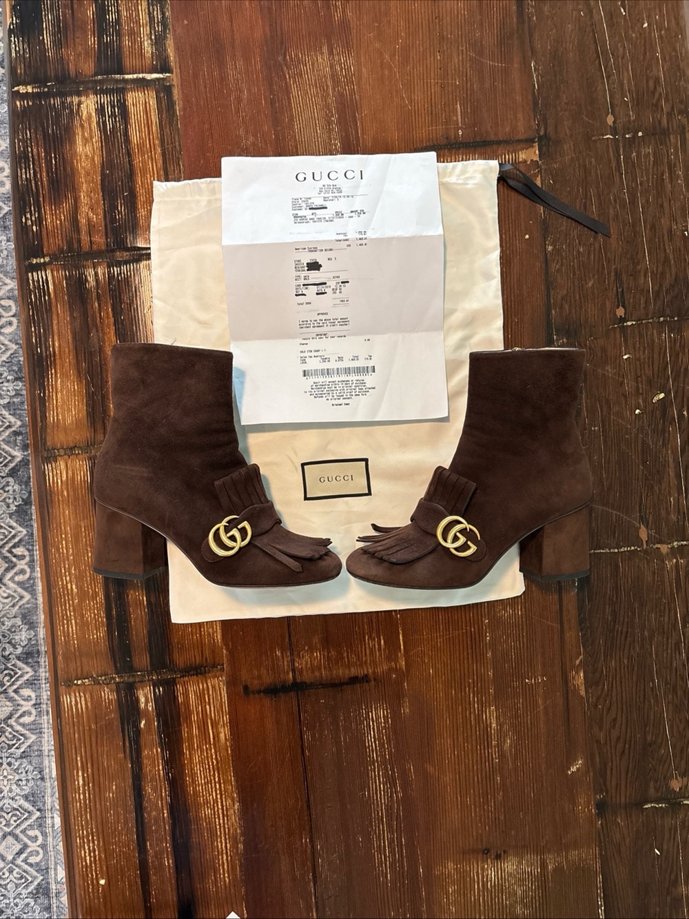 Gucci Brown Suede Fringe Double G Block Heel Ankle Boots